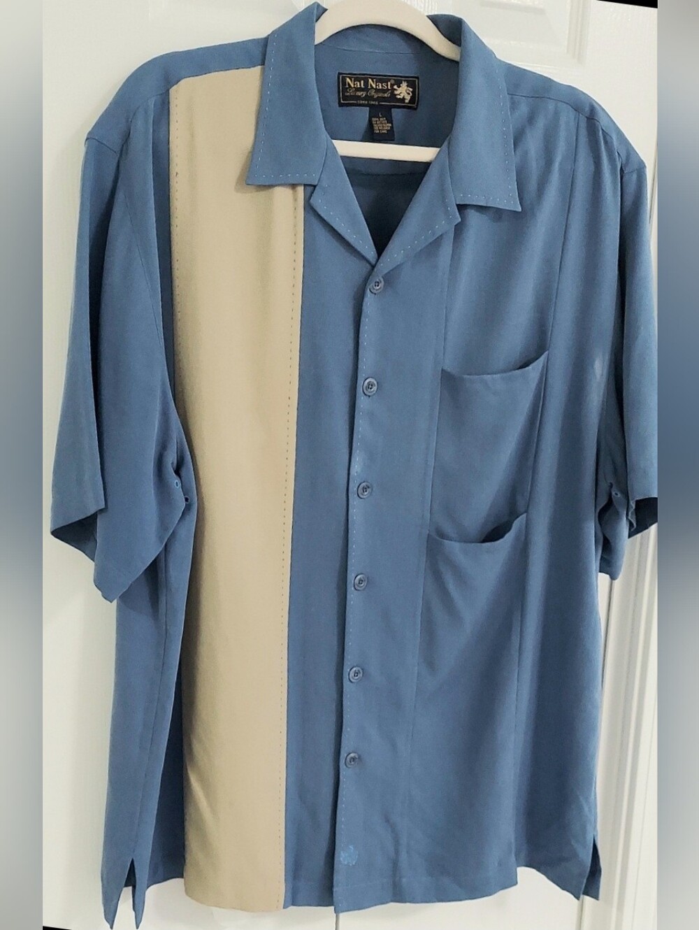 Nat Nast Shirt, Size L, 100% Silk, Arctic Blue & Clay Colorblock